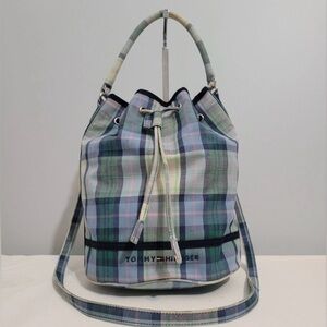 Vintage Tommy Hilfiger Plaid Drawstring Bucket Satchel Crossbody Bag Blue Green